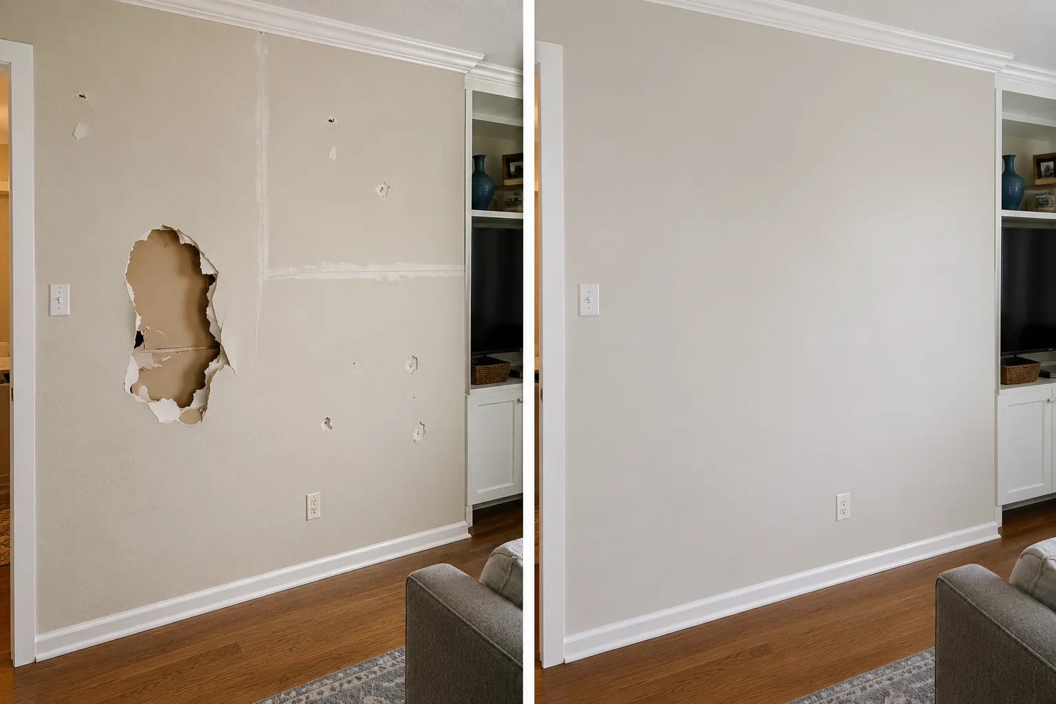 Before-and-after comparison showing a large irregular wall opening patched, finished, and repainted.
