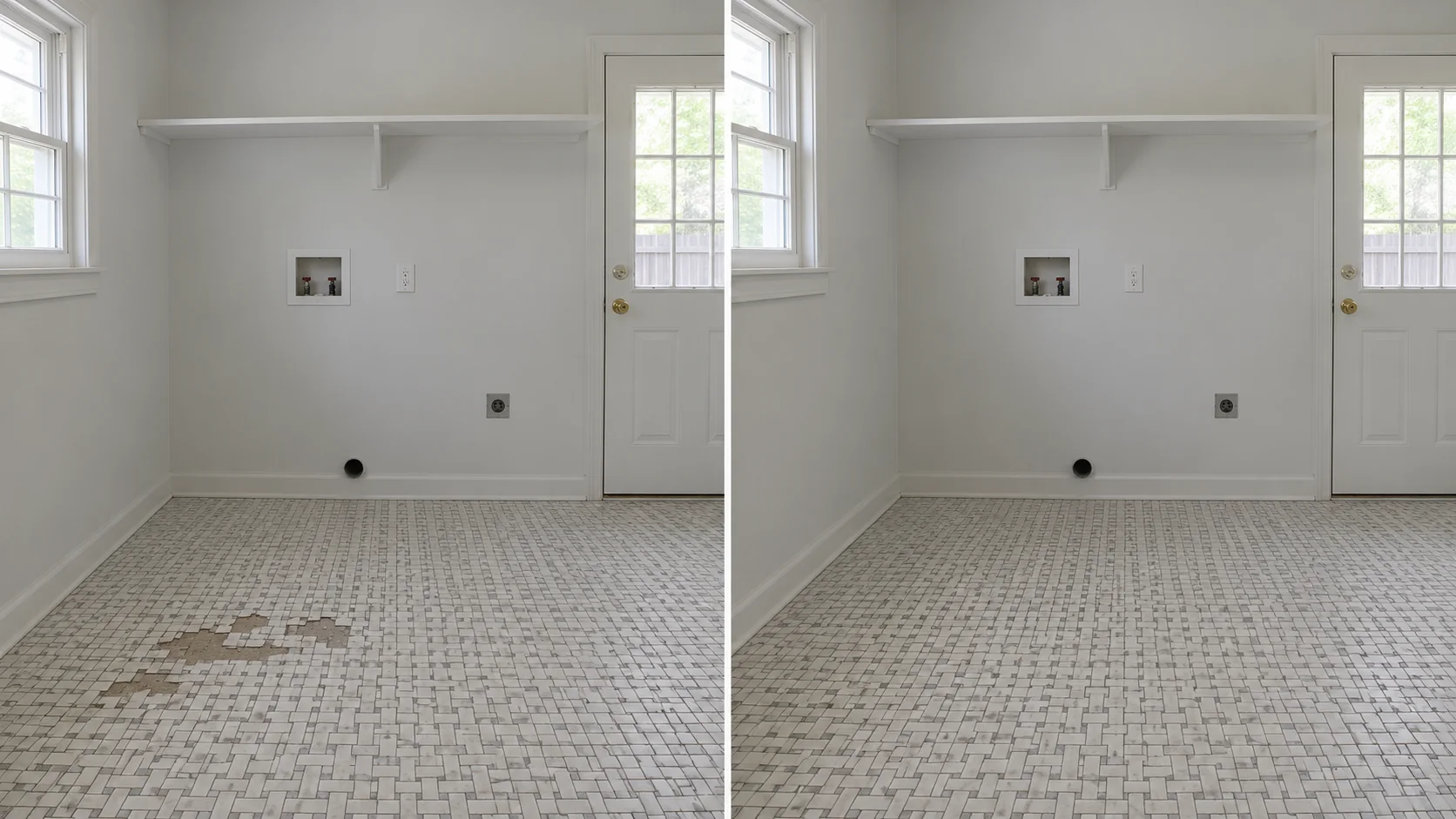 Before-and-after comparison showing stained laundry-room flooring repaired beneath utility hookups and shelving.