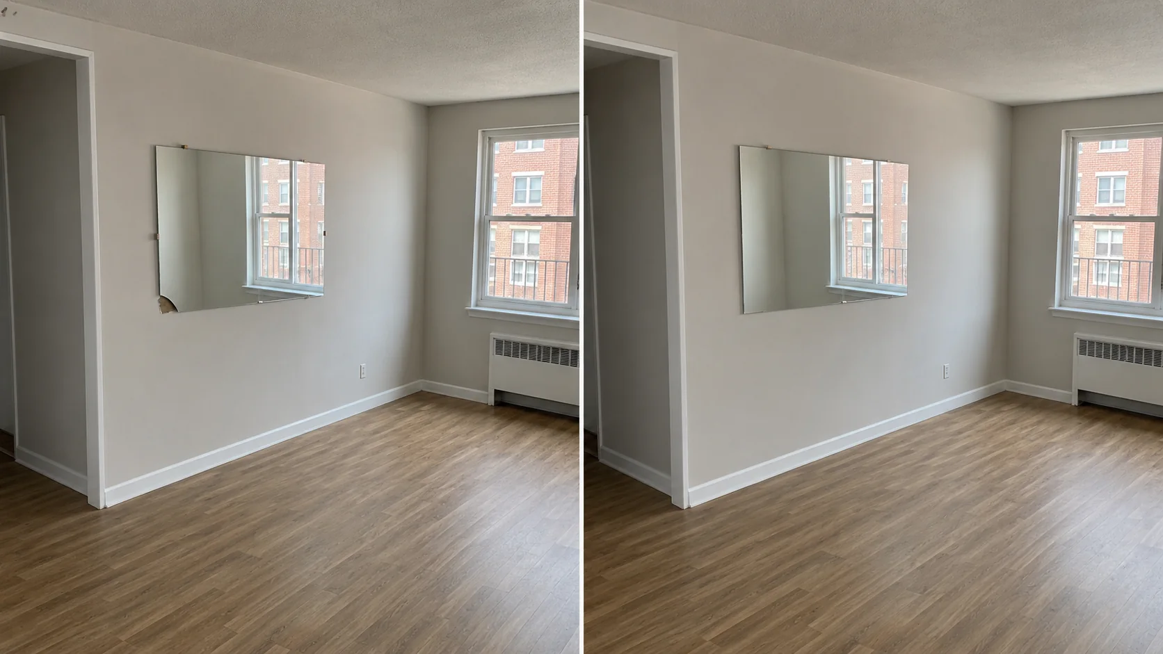Before-and-after comparison showing a living room wall with patched surface damage and a smooth repainted finish.