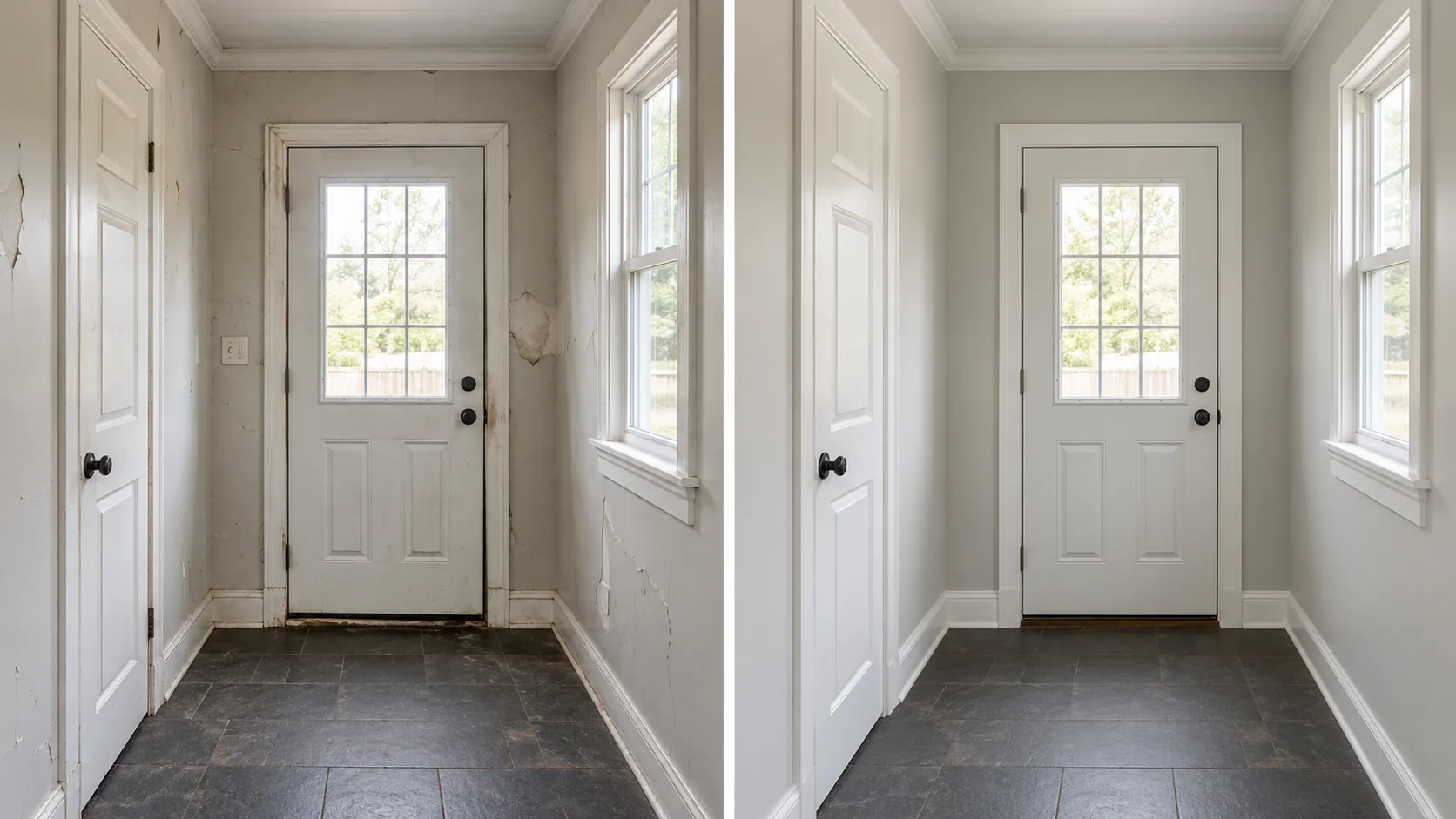 Before-and-after comparison showing a bright mudroom with repaired entry door trim, wall finish, and tile flooring.