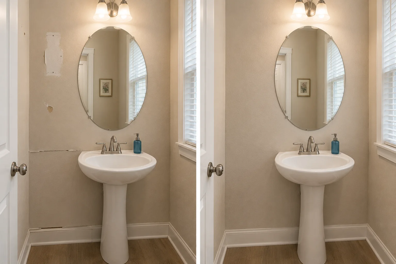 Before-and-after comparison showing a powder-room wall behind a pedestal sink repaired and repainted.