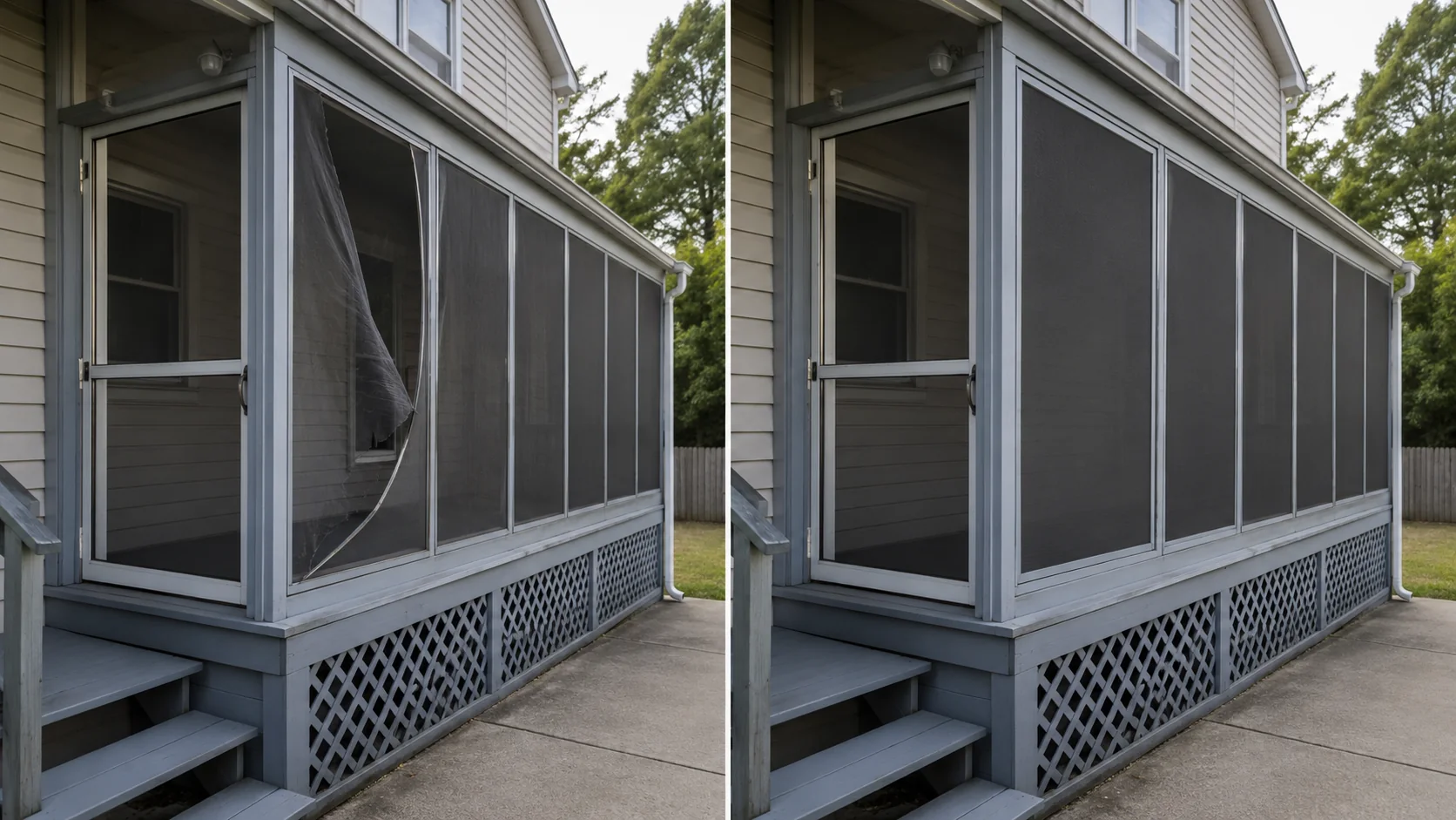 Before-and-after comparison showing a screened porch with torn panels replaced and lattice repaired.