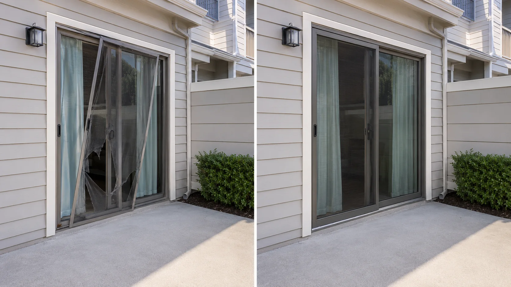 Before-and-after comparison showing a sliding glass door with temporary plastic covering restored to a clear finished opening.