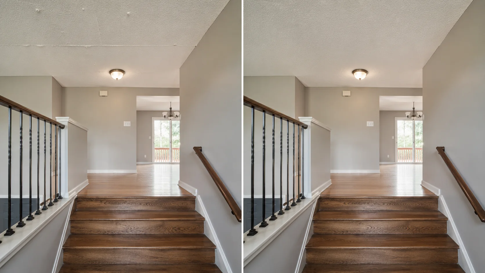 Before-and-after comparison showing a split-level stair opening with repaired handrails, balusters, and wall finishes.