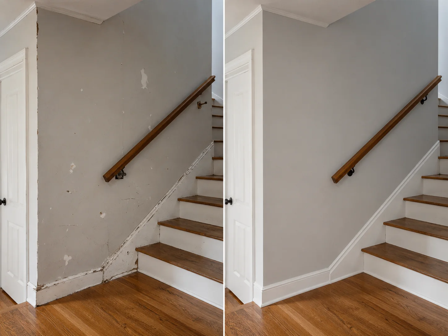 Before-and-after comparison showing an interior stairwell with repaired drywall, trim, and a secure wood handrail.