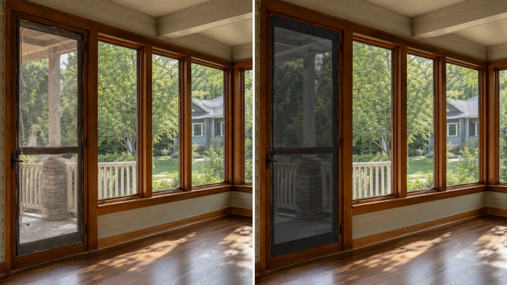 Before-and-after comparison showing a wood-framed sunroom with a repaired black screen door.