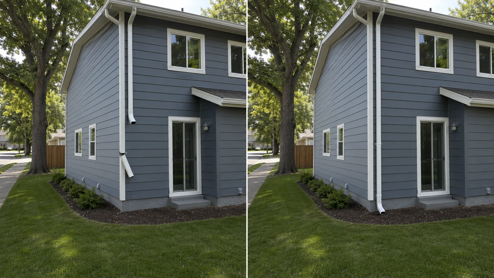 Before-and-after comparison showing a two-story exterior wall with repaired blue siding and clean corner trim.