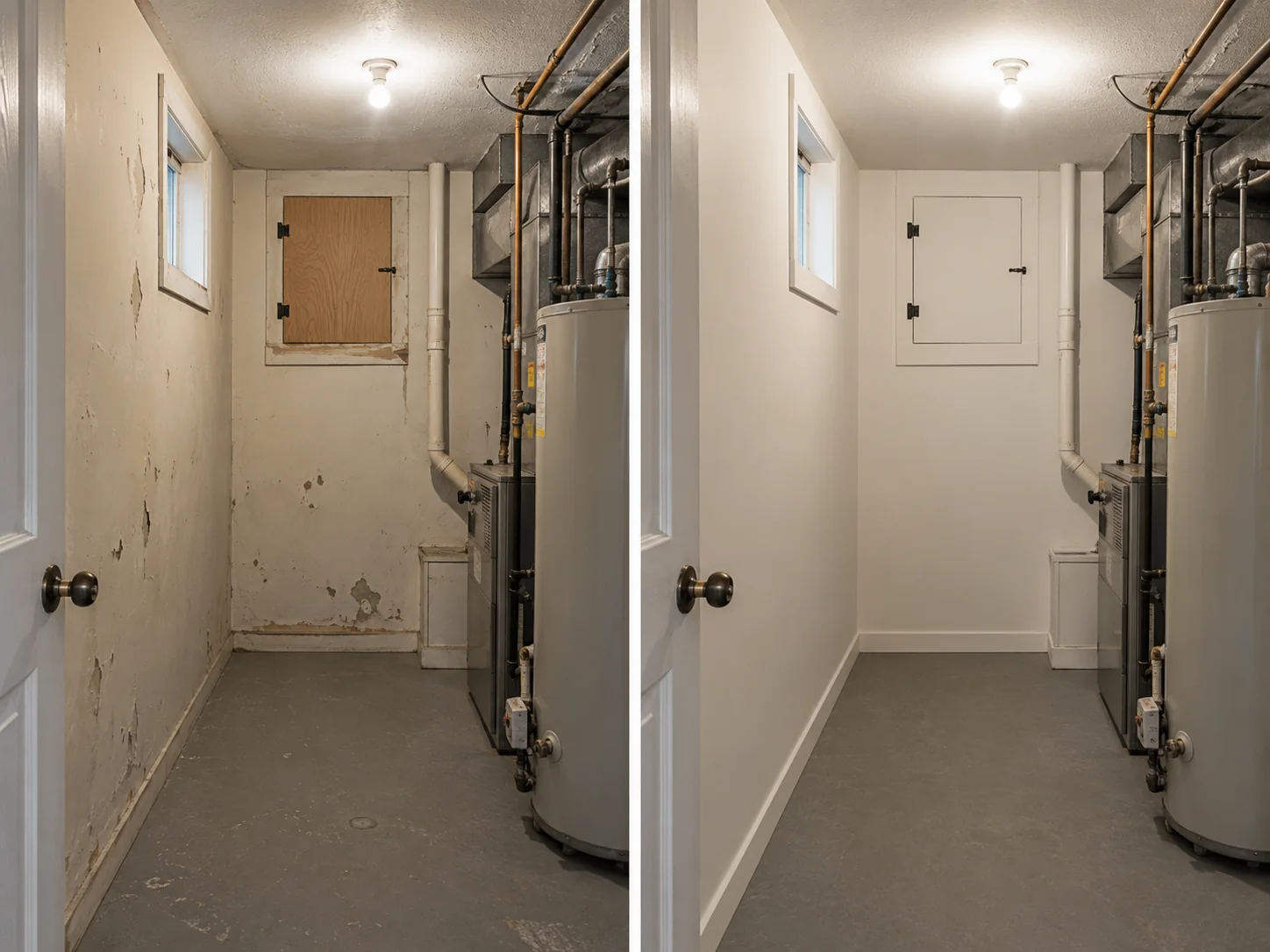 Before-and-after comparison showing a mechanical-room passage with repaired drywall, trim, and a clean door.