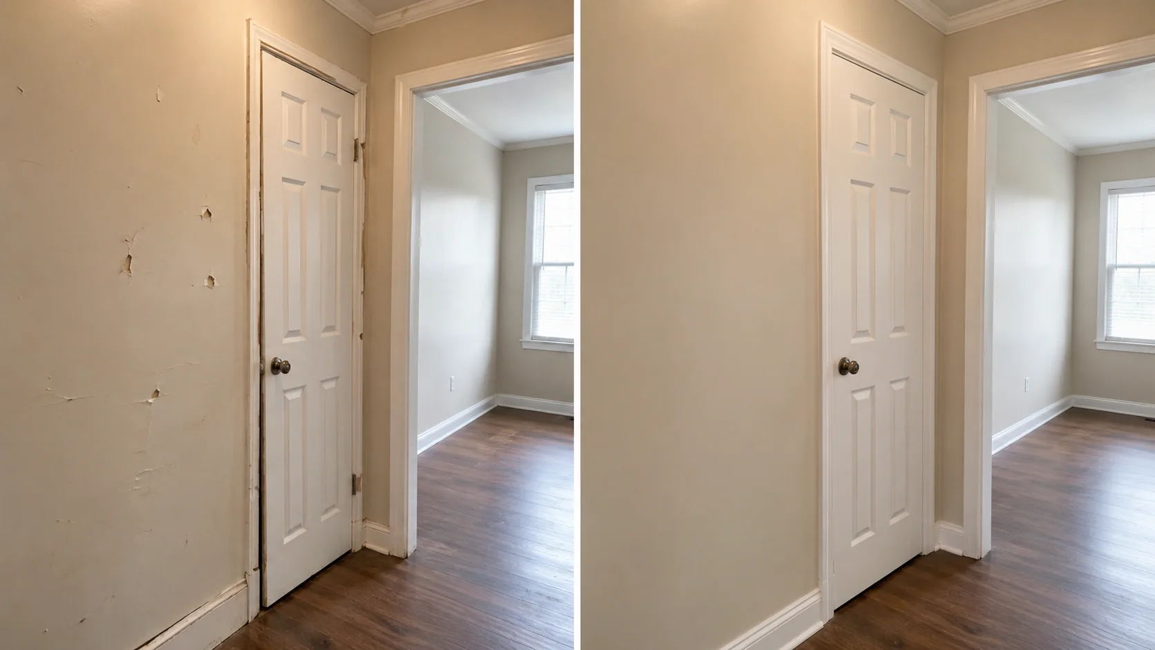 Before-and-after comparison showing small wall holes beside a closet door patched and repainted.